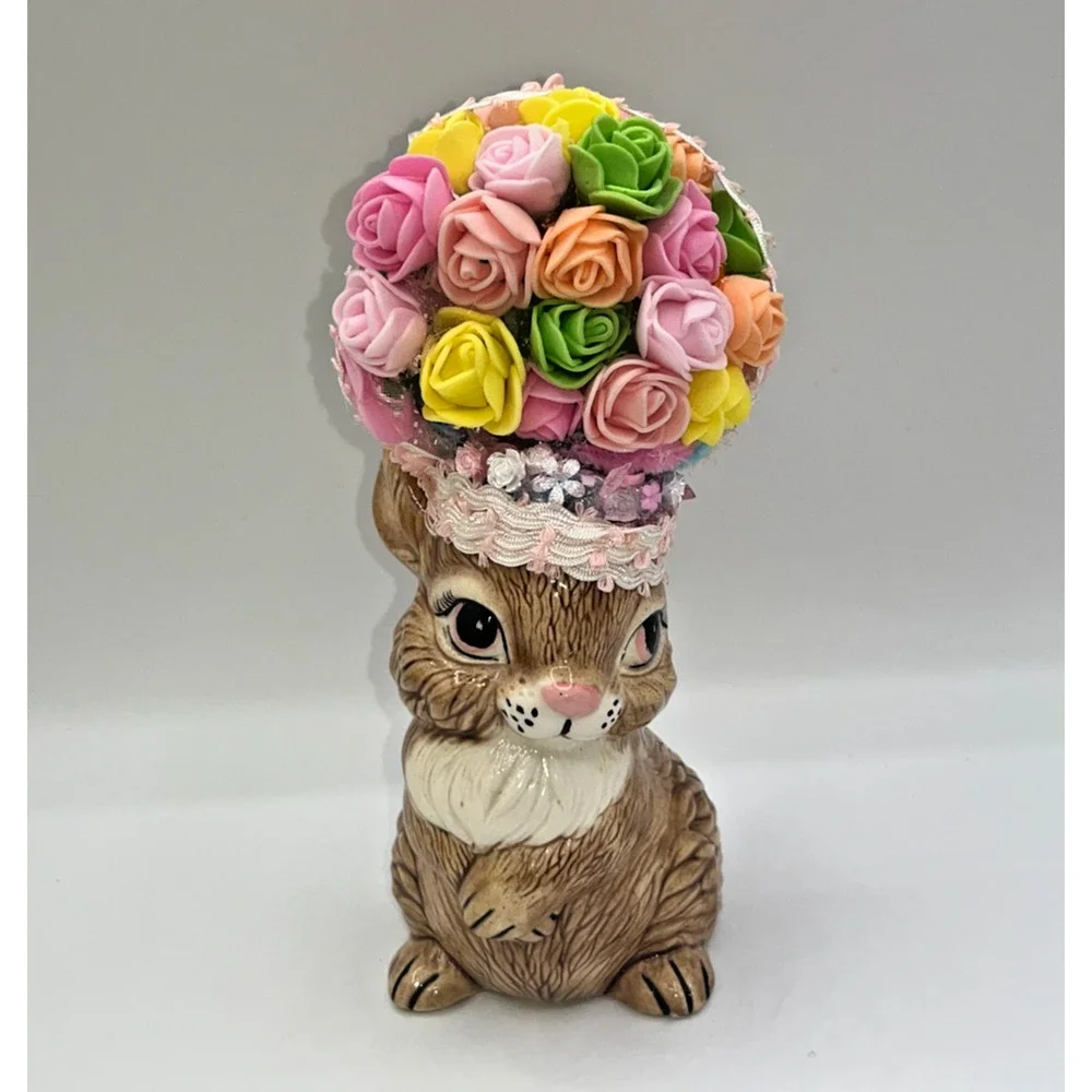 Vintage Ceramic Pretty Bunny Spring Bunny Floral Flower Hat Deb O. Original OOAK - Picture 1 of 16